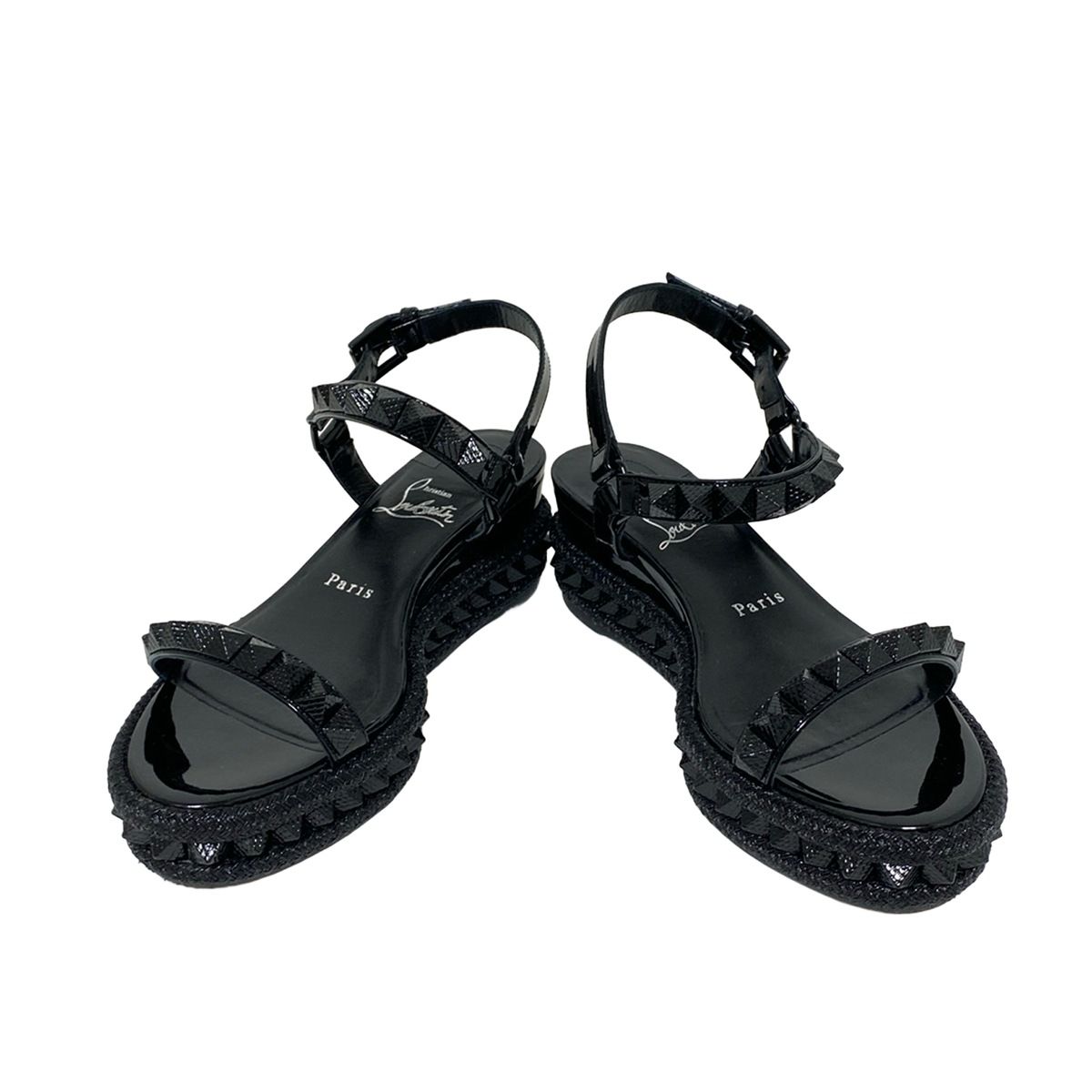 クリスチャンルブタン サンダル 36 レディース - 黒 スタッズ オープントゥ ウェッジソール レザー