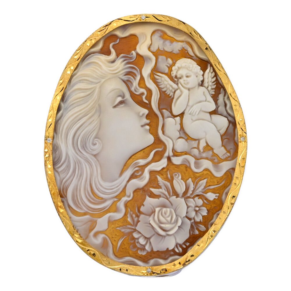 FD 0.04ct カメオ シェル・ストーン ・ダイヤモンドブローチ・ピンタック Sv925×K18 750コンビ-25g ブラウン 翌日配送可 N メンズ レディース 595873