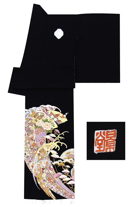 記念感謝祭 仕立無料 特撰正倉院祝い波熨斗図黒留袖 図案家協会優秀図案 京友禅本加工手描き染 本金彩創作品
