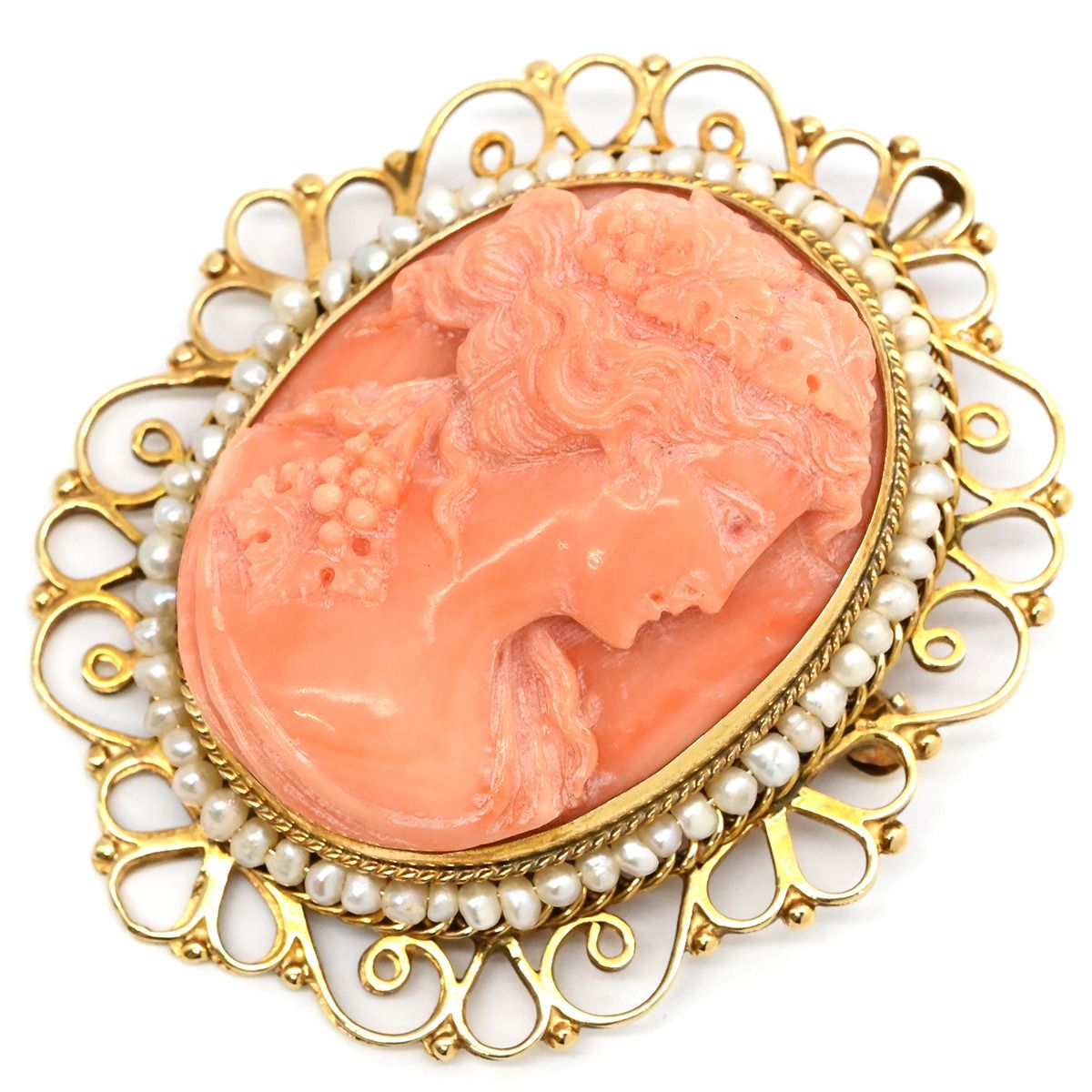 ブローチ カメオ K14YG 珊瑚 コーラル イエローゴールド×パールホワイト 肖像 彫刻 小粒パール×珊瑚 ペンダントトップ