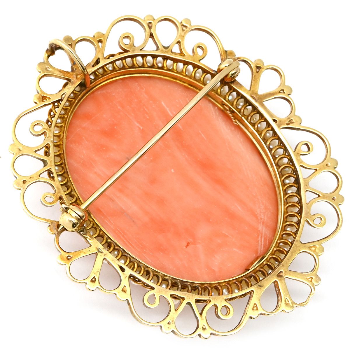 ブローチ カメオ K 14 YG 珊瑚 コーラル イエローゴールド×パールホワイト 肖像 彫刻 小粒パール×珊瑚 ペンダントトップ