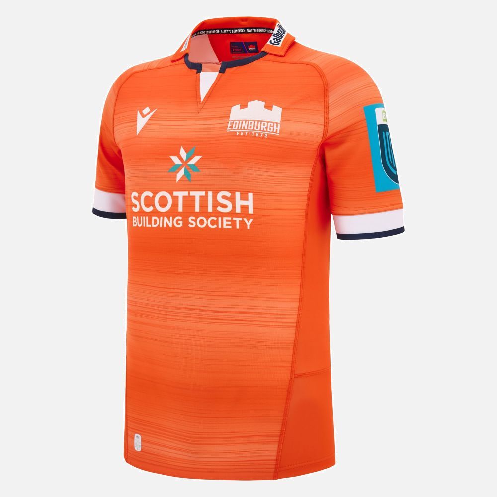 マクロン ラグビー エディンバラ 2025 2025 ボディフィット アウェイ マッチ シャツ ジャージ オレンジ 白 ホワイト 青 ブルー 公式モデル 日本未発売