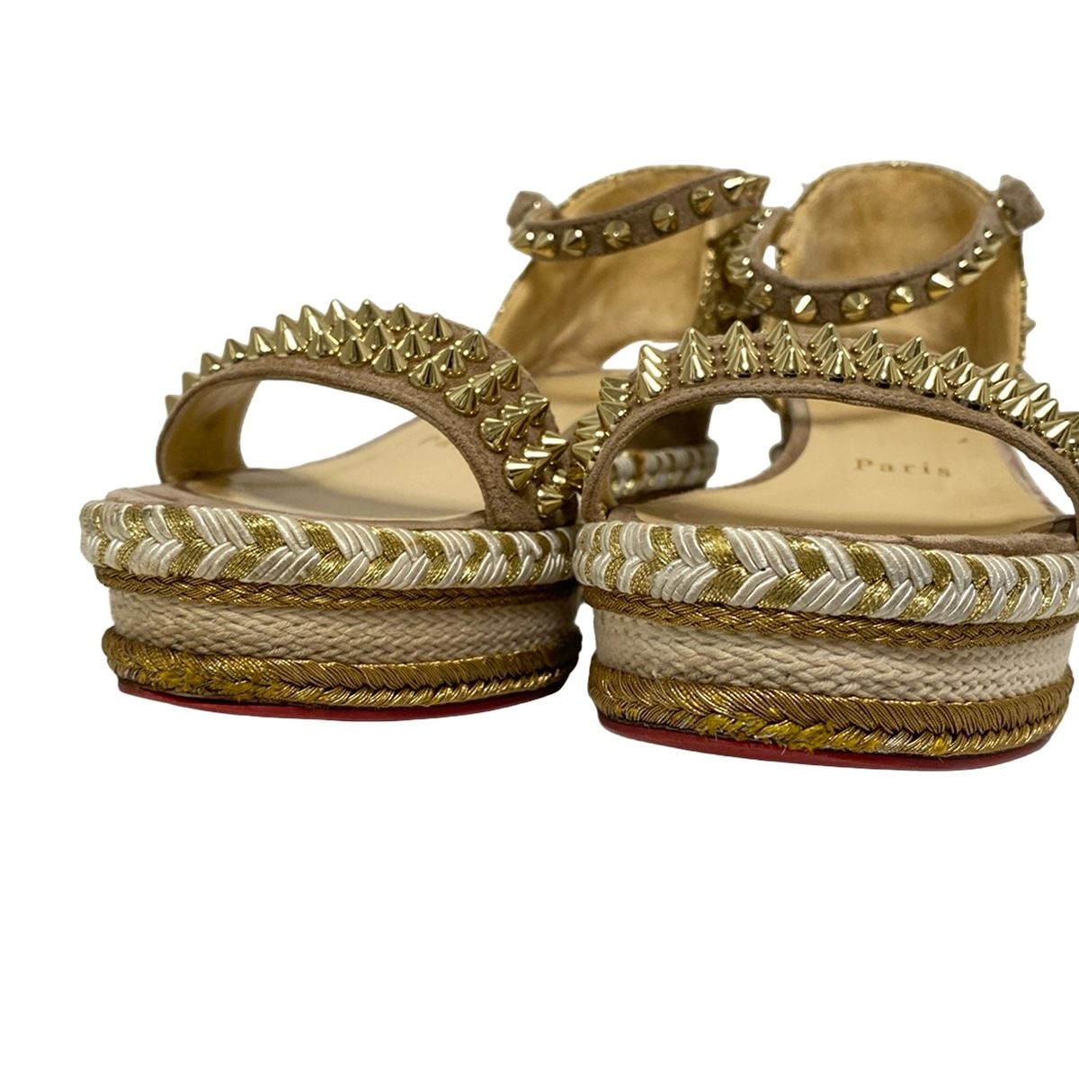  クリスチャンルブタン サンダル 37 レディース - ゴールド×ブラウン スタッズ オープントゥ ウェッジソール アウトソール張替済 リネン サンダル サンダル ミュール
