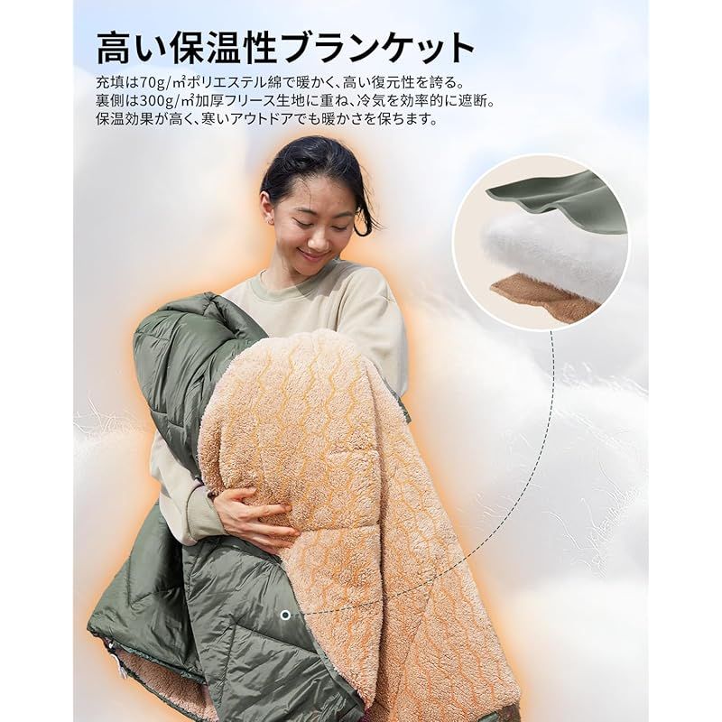 彡KingCamp ブランケット キャンプ フリース マルチブランケット 寝袋変形 大判 防寒 保温 軽量 コンパクト 車中泊 防災 アウトドア カーキ オリーブ 0