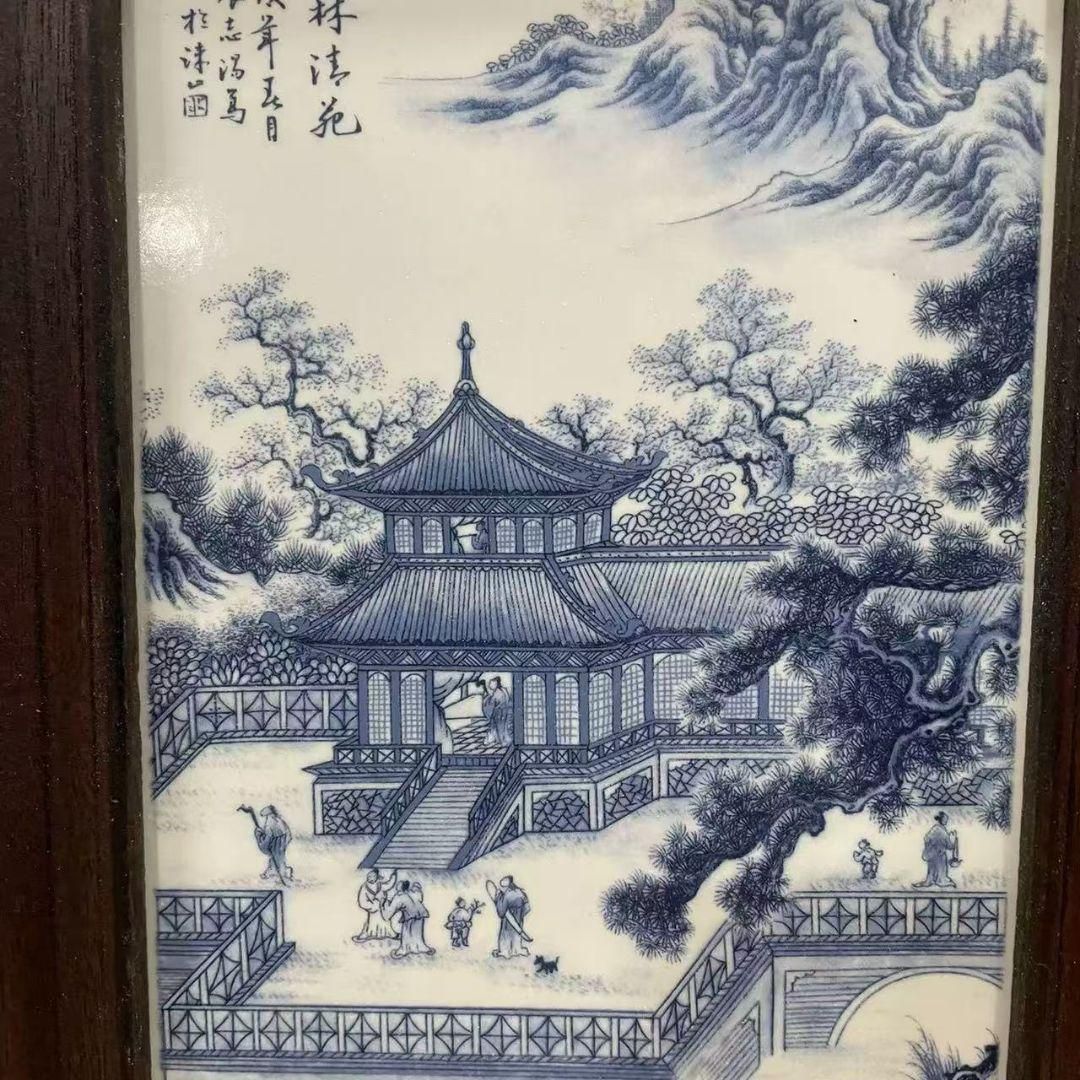 景徳鎮 青花春和景明陶板画 応接間 書斎 装飾品 工芸品 美術品 置物