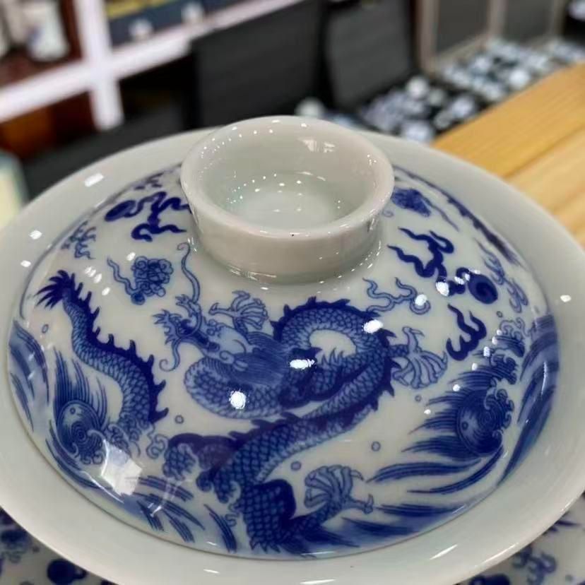 中国茶器 青花磁竜紋三才蓋碗 茶道具 煎茶器 未使用品 中国茶器 景徳镇