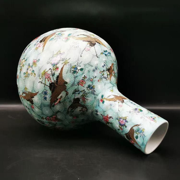 雍正藍地粉彩百鶴図夜光天球瓶 景徳鎮 陶磁器 装飾品 現代工芸品 美術