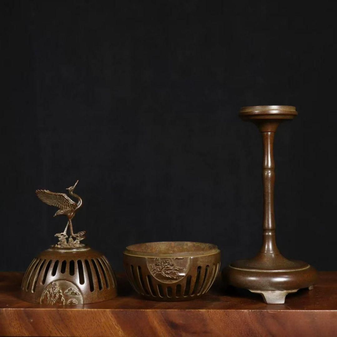 銅製 鶴守宮灯香炉檀香炉 禅意 茶室薫香炉 香道具 装飾品