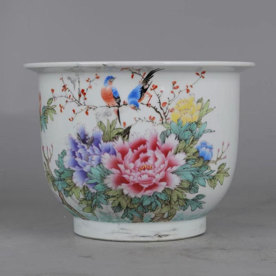 景徳鎮 花鳥紋蘭盆 盆栽鉢 中国鉢 植木鉢 多肉植物鉢 小品盆栽鉢 山