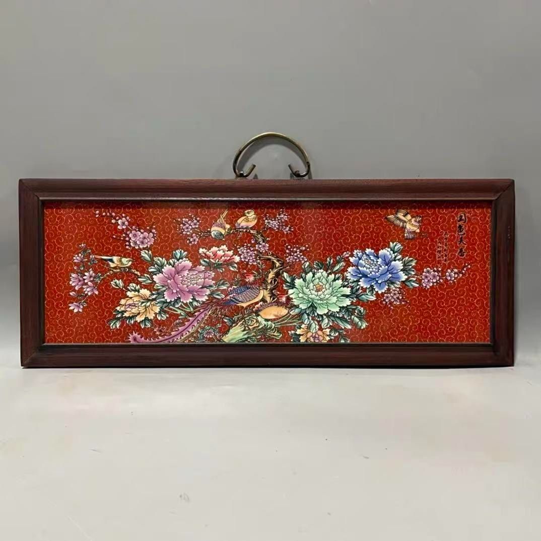 景徳鎮 パステル画花鳥国色天香陶板画 応接間 書斎 茶室 装飾品 工芸品