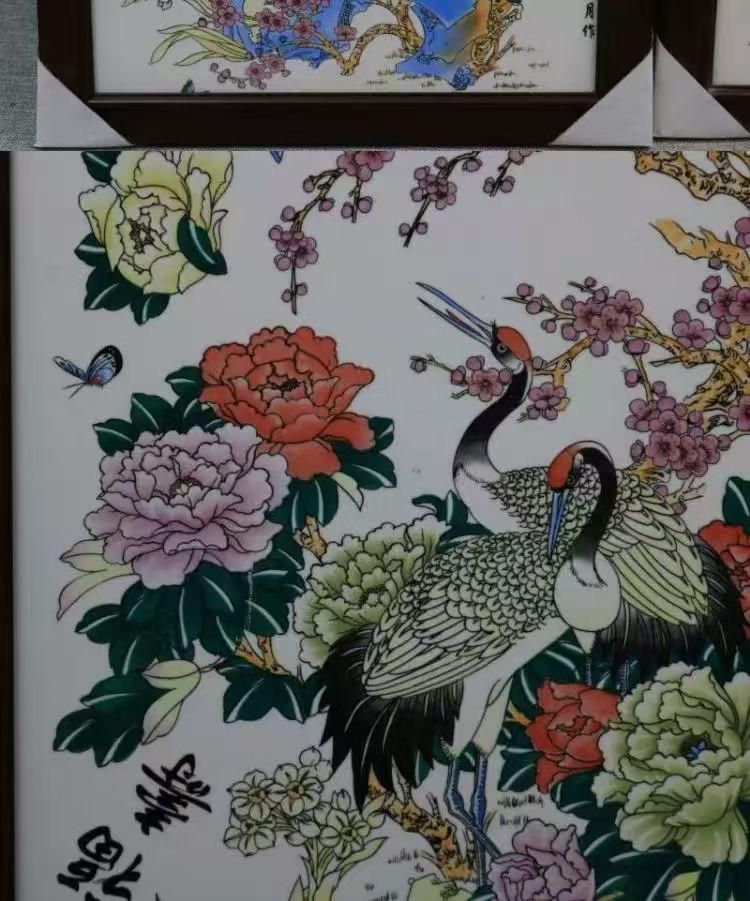 景徳鎮 花鳥図陶板画 応接間 書斎 懸掛 装飾品 工芸品 美術品 置物