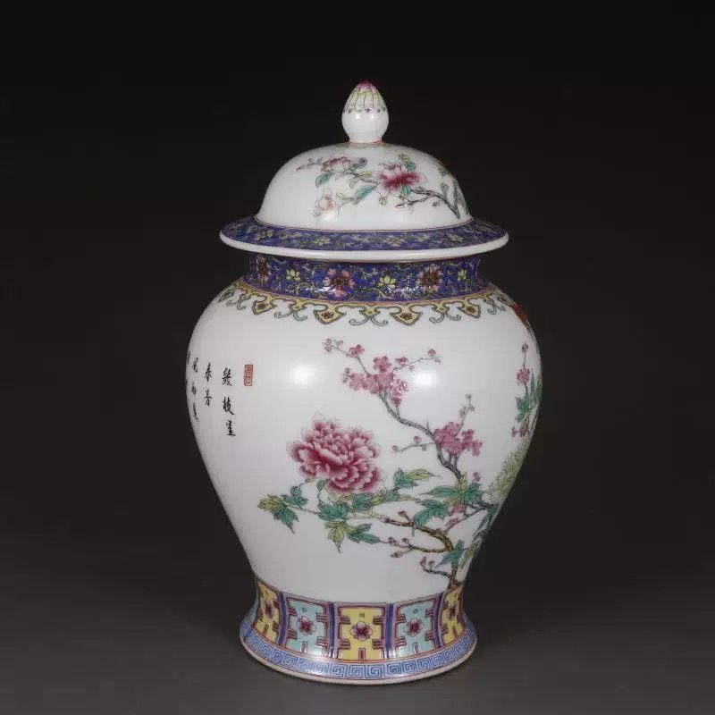 パステル牡丹花紋将軍缶 賞物観賞瓶 景徳鎮 陶磁器 現代工芸品 美術品