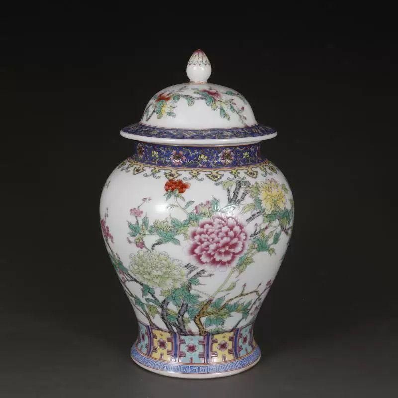 パステル牡丹花紋将軍缶 賞物観賞瓶 景徳鎮 陶磁器 現代工芸品 美術品