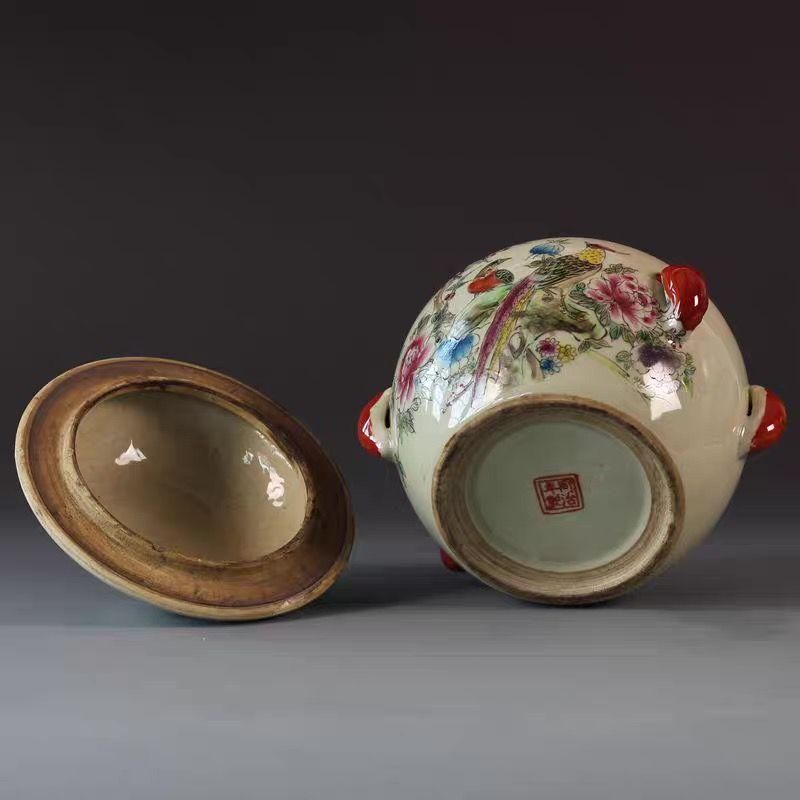 民国粉彩九桃五福紋蓋缶   現代工芸品 美術品 置物 民国粉彩九桃五福紋蓋缶 現代工芸品 美術品 置物