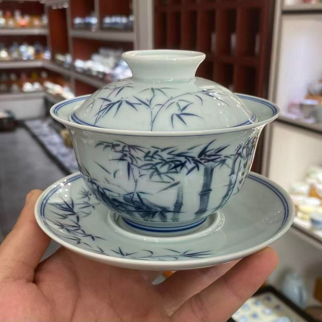 中国茶器 景徳鎮 締め金糸青花磁蓋碗 茶碗 煎茶器 新品未使用 中国茶器 景徳鎮 締め金糸青花磁蓋碗 茶碗 煎茶器 新品未使用