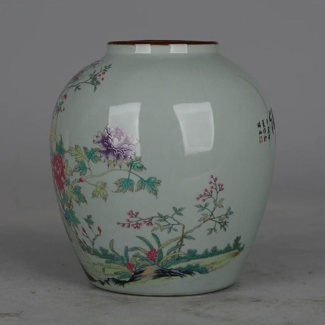 粉彩富貴吉祥花鳥紋陶磁器缶 景徳鎮 陶磁器 装飾品 現代工芸品 美術品