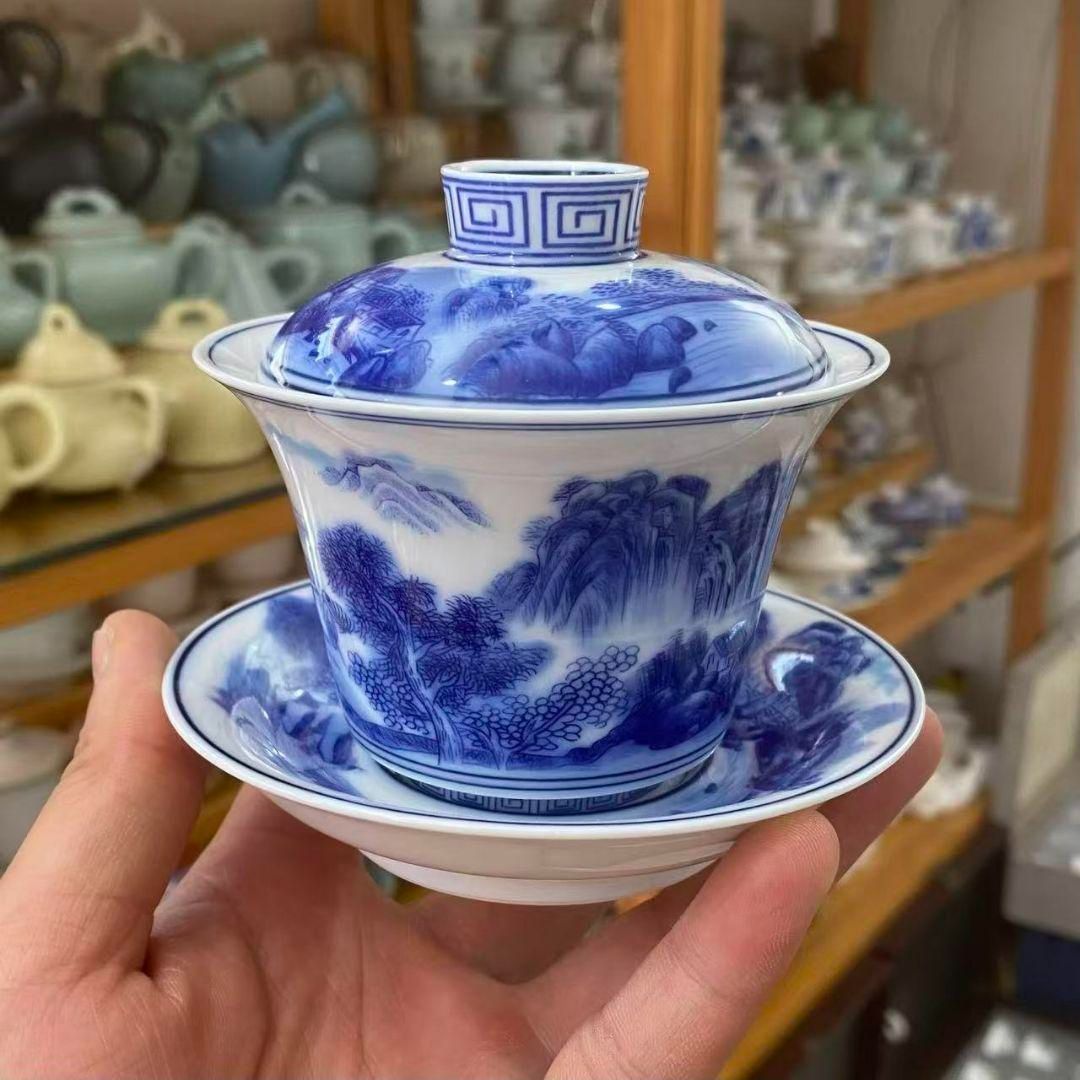 景徳鎮 陶磁器 山水紋三才蓋碗 茶碗 煎茶器 新品未使用 - メルカリ