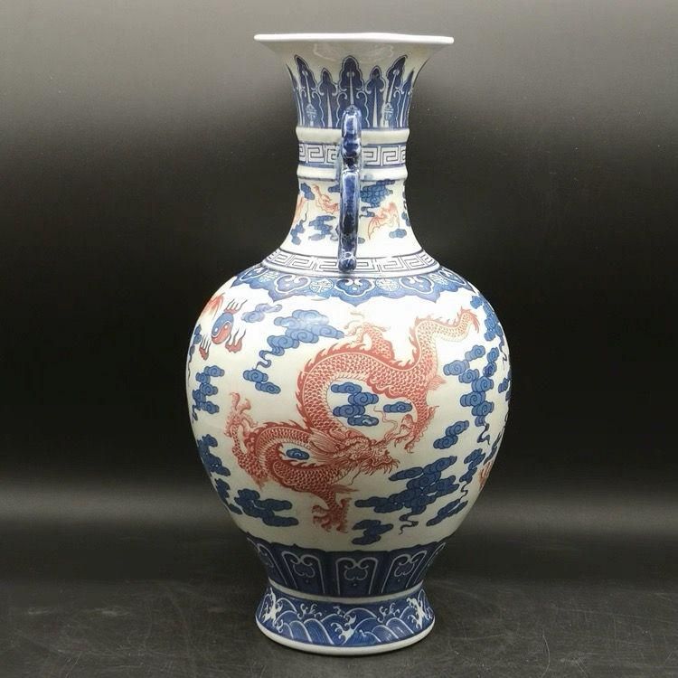 乾隆雲龍紋両耳瓶 青花瓶 景徳鎮 陶磁器 装飾品 現代工芸