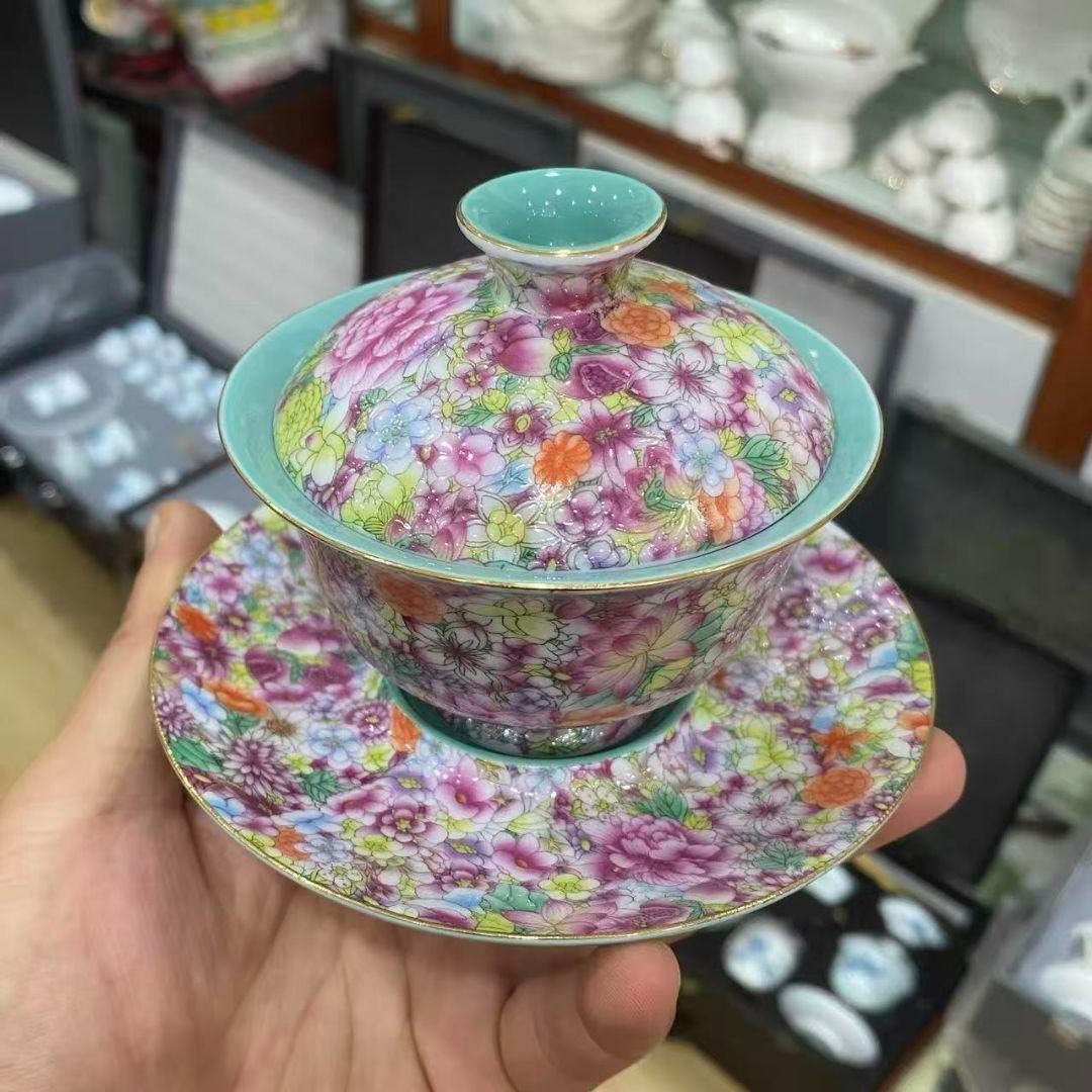 中国茶器 琺瑯万花三才蓋碗 陶磁茶碗 煎茶器 新品未使用 - メルカリ
