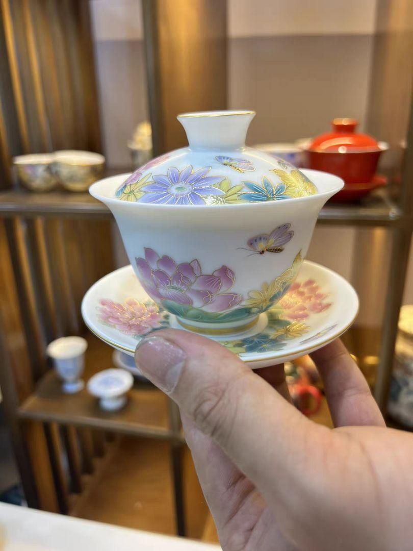 中国茶器 景徳鎮 陶磁器 バタフライ花三才蓋碗 茶碗 煎茶器 新品未使用