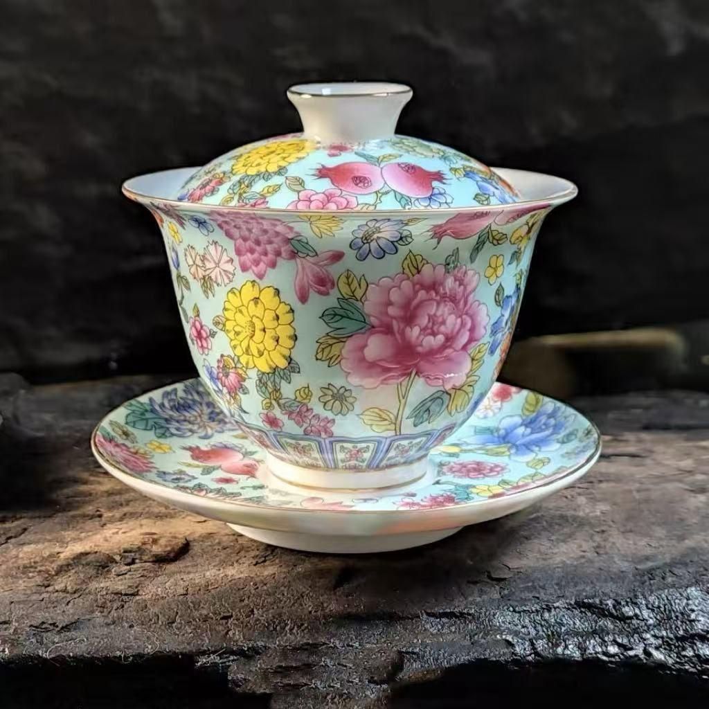 中国茶器 万花琺瑯彩三才蓋碗 茶道具 煎茶器 新品 未使用品