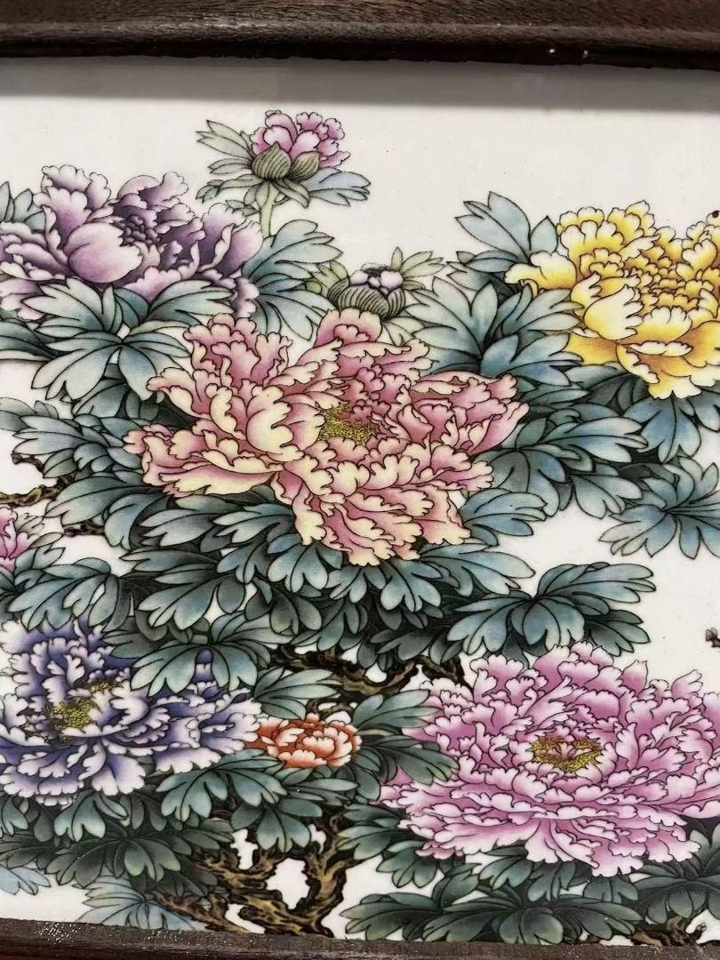 景徳鎮 パステル花開富貴牡丹陶板画 応接間 書斎 茶室 装飾品 工芸品置物