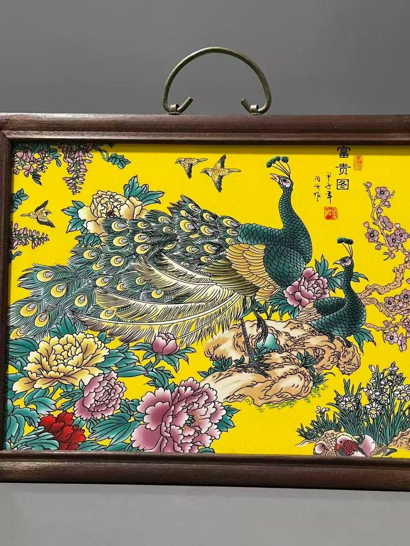 景徳鎮 粉彩花鳥富貴図陶板画 応接間 書斎 茶室 装飾品 工芸品置物