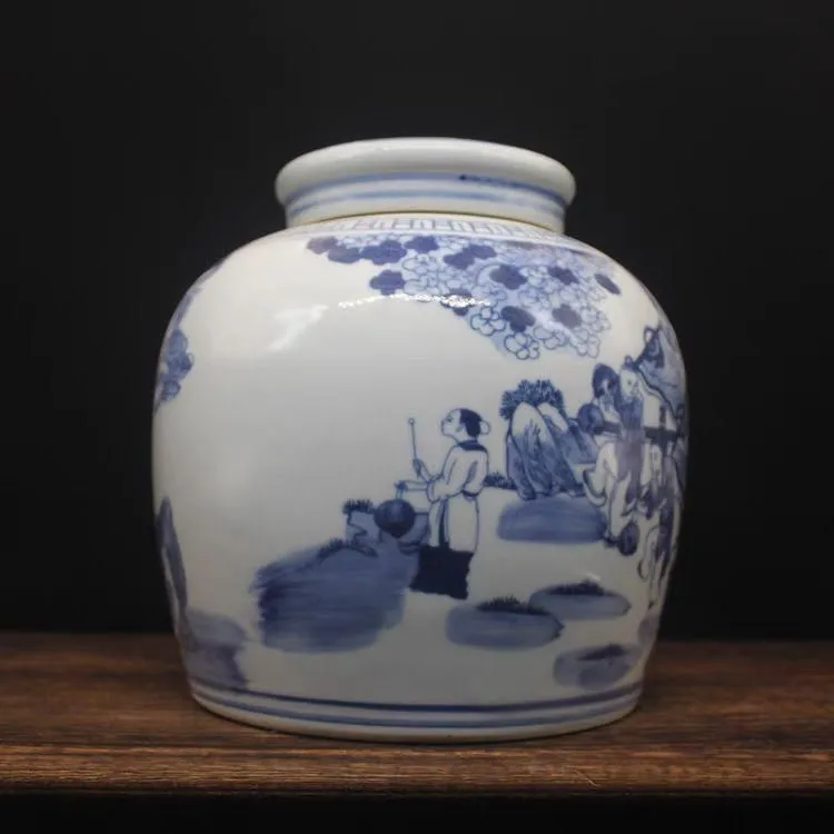 元 青花麒麟送子紋茶缶 景徳鎮 陶磁器 装飾品 現代工芸