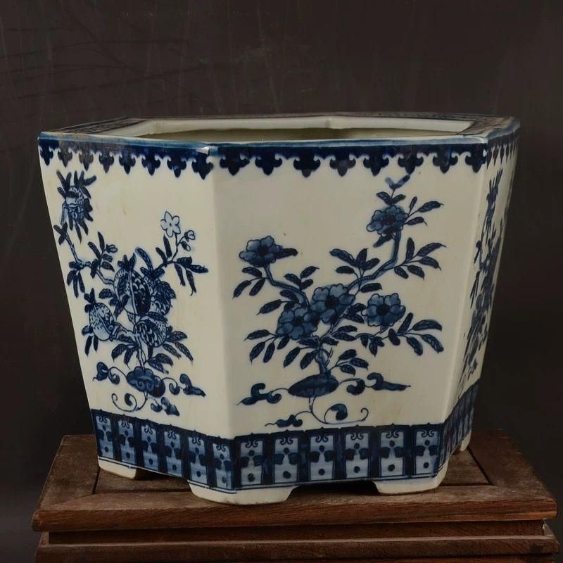 青花六方鉢 盆栽鉢 景德鎮 工芸品 装飾品 花器 美術品 置物 陶芸