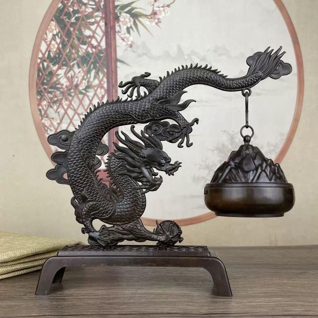 銅祥龍騰青竜弔炉 檀香 龍涎香 茶室 香道具 装飾品 工芸品 美術品