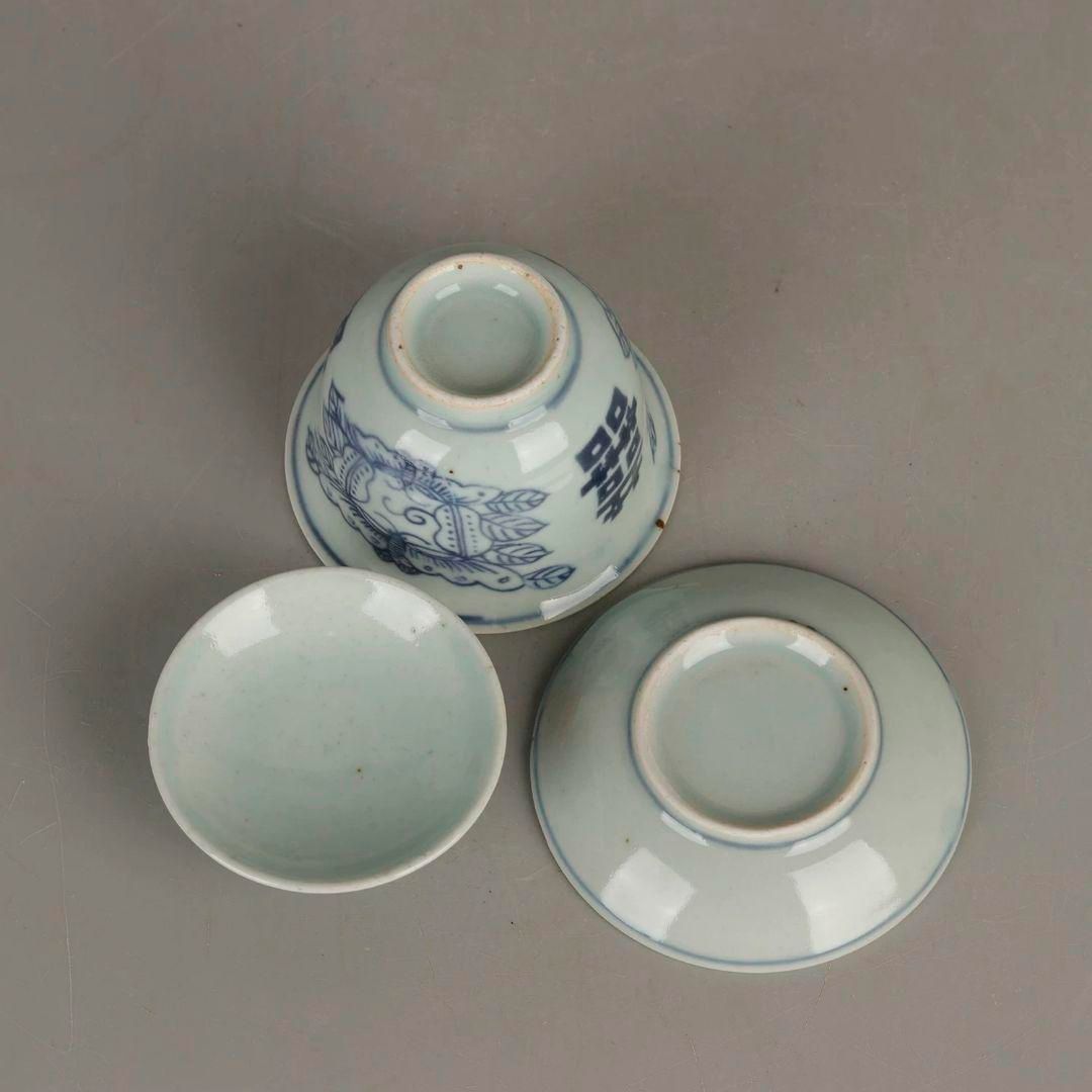 中国茶器 景德鎮 青花蝶双喜紋三才蓋碗 茶碗 - メルカリ