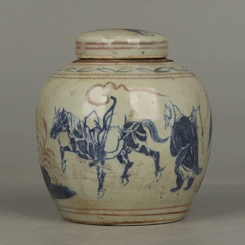 元青花人物紋茶筒 蓋缶 景徳鎮 陶磁器 装飾品 現代工芸品美術品 置物