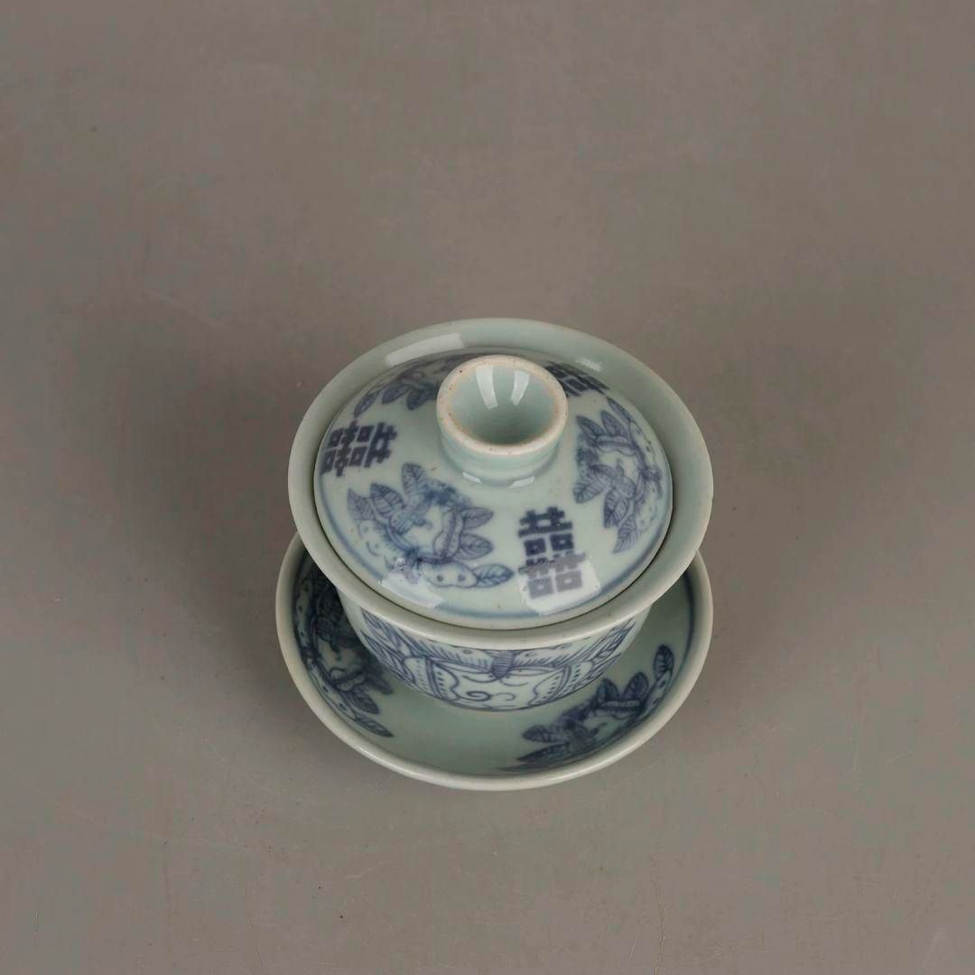 中国茶器 景德鎮 五色松鶴献寿図三才蓋碗 茶碗 新品未使用 中国茶器