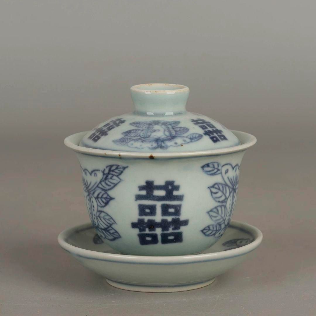 中国茶器 景德鎮 五色松鶴献寿図三才蓋碗 茶碗 新品未使用 中国茶器