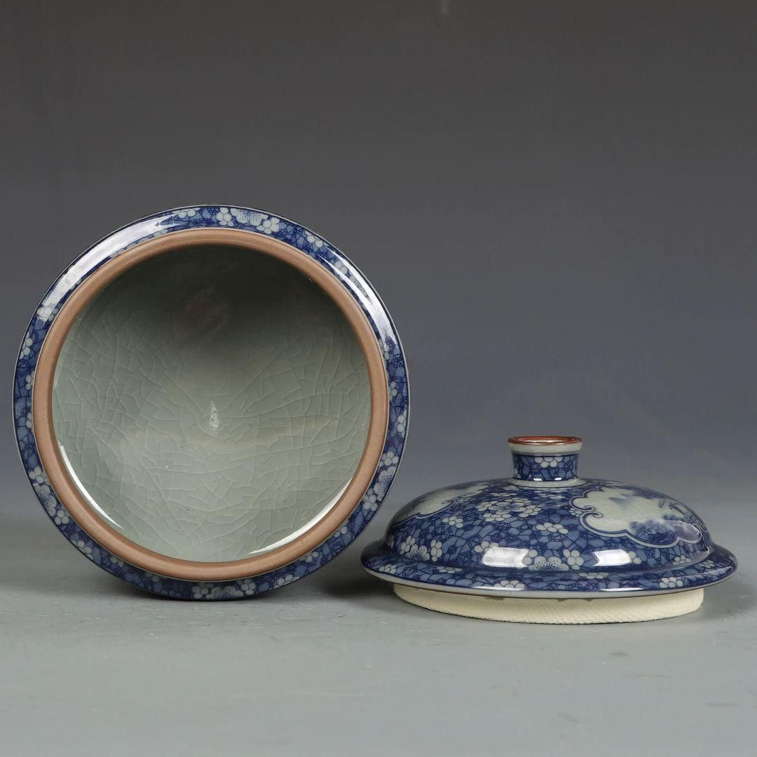 青花人物物語双獅耳蓋缶 茶道具 景徳鎮 陶磁器 装飾品 現代