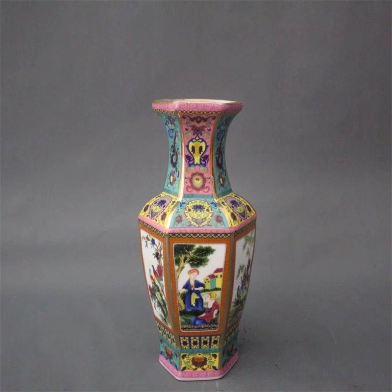 琺瑯彩六方賞瓶 景徳鎮 賞物観賞瓶 陶磁器 装飾品 現代工芸品 美術品