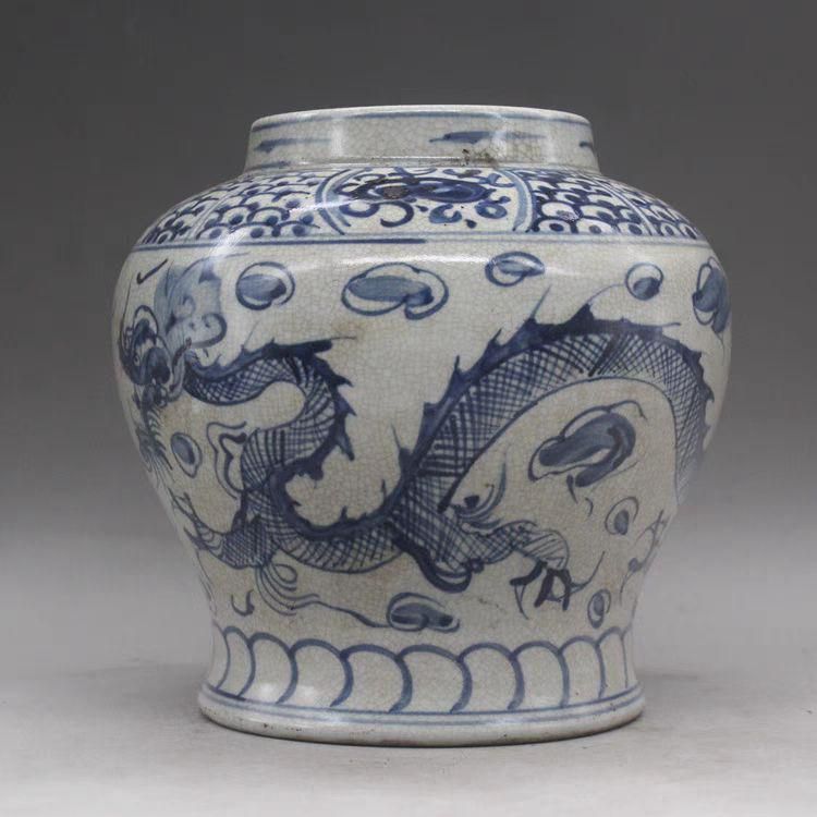 青花龍紋缶 陶磁器 賞物観賞瓶 現代 置物