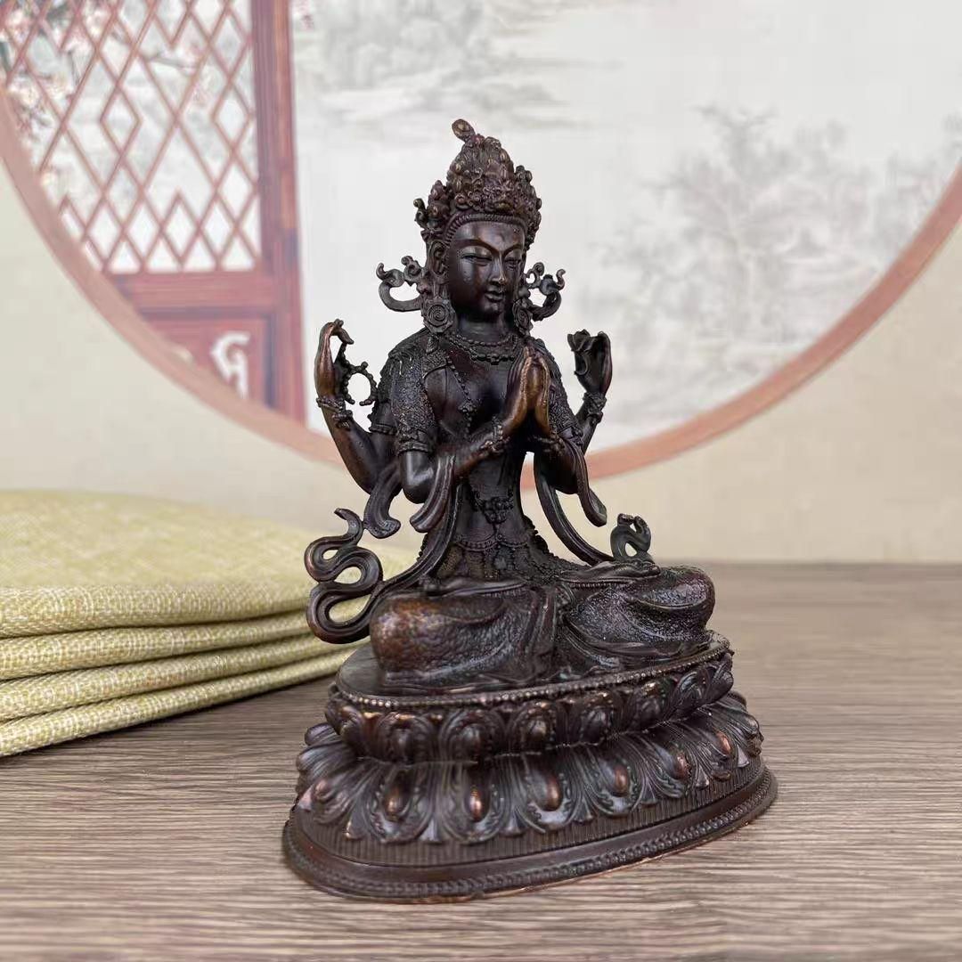 仏教美術 四臂観音菩薩像 小仏像 細工彫刻 銅製 工芸品 美術品 置物