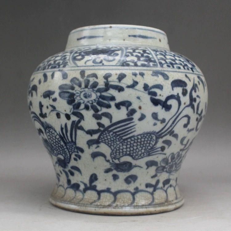 元 青花鳳紋缶 景徳鎮 陶磁器 装飾品 現代工芸品 美術品 置物 元 青花鳳紋缶 人気 景徳鎮 陶磁器 装飾品 現代工芸品 美術