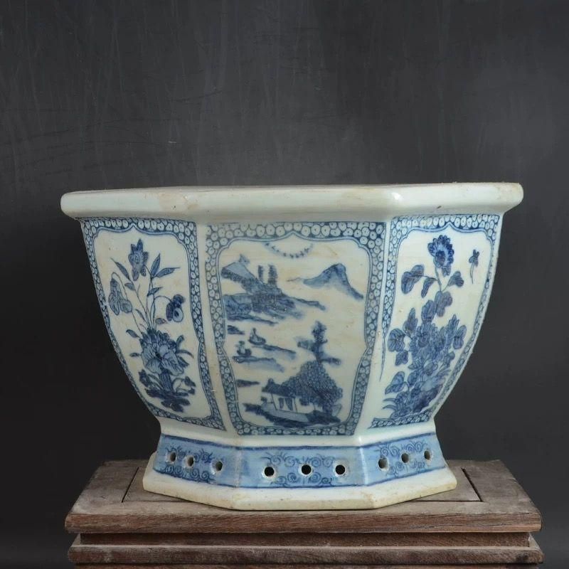八方青花亭台楼高足鉢 盆栽鉢 植木鉢 多肉植物鉢 小品盆栽