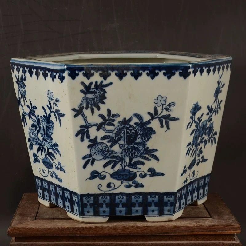 青花六方鉢 盆栽鉢 景德鎮 工芸品 装飾品 花器 美術品 置物 陶芸