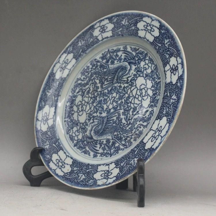 清乾隆青花双鳳紋磁器皿 景徳鎮 陶磁器 装飾品 現代工芸品 美術品 置物