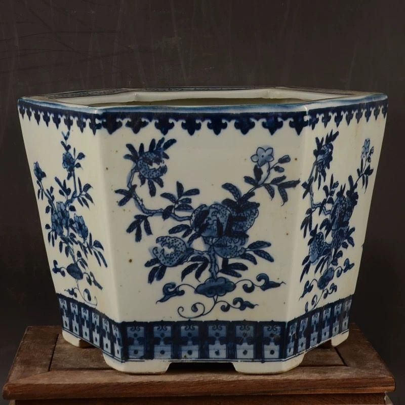 青花六方鉢 盆栽鉢 景德鎮 工芸品 装飾品 花器 美術品 置物 陶芸