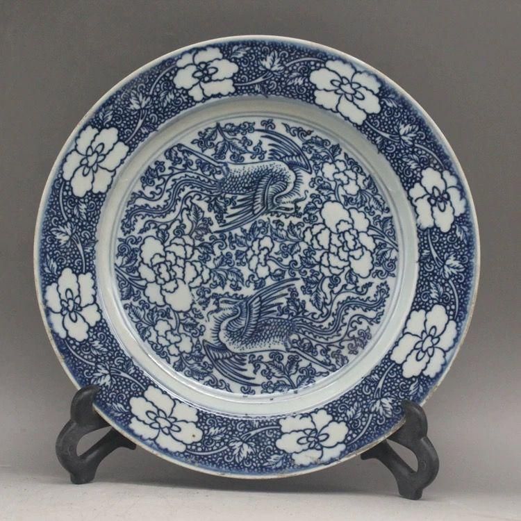 清乾隆青花双鳳紋磁器皿 景徳鎮 陶磁器 装飾品 現代工芸品 美術品 置物