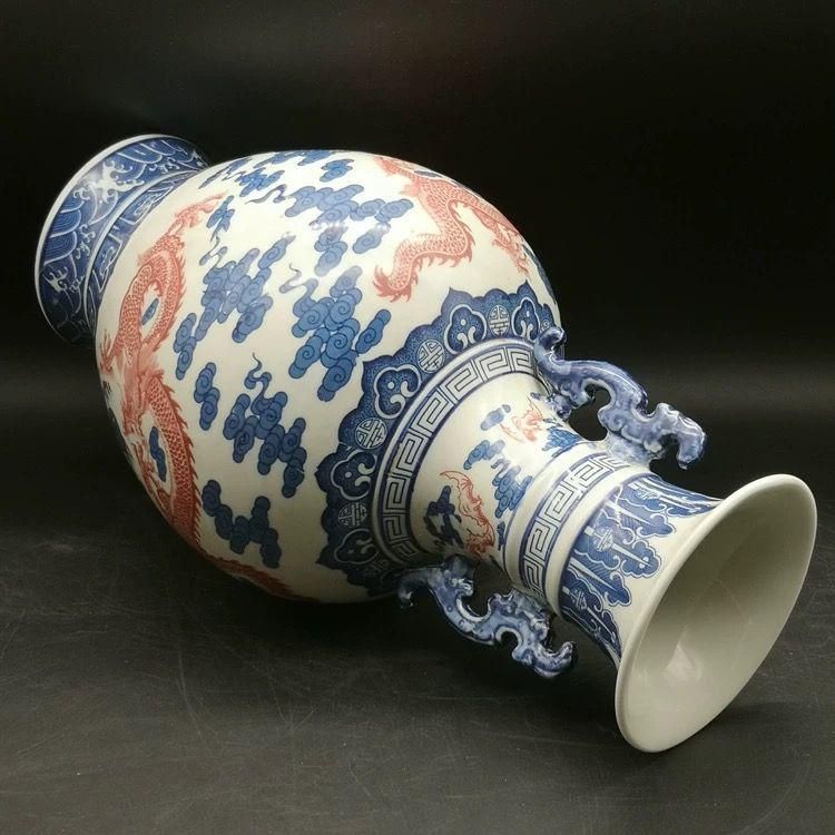 乾隆雲龍紋両耳瓶 青花瓶 景徳鎮 陶磁器 装飾品 現代工芸品 美術品