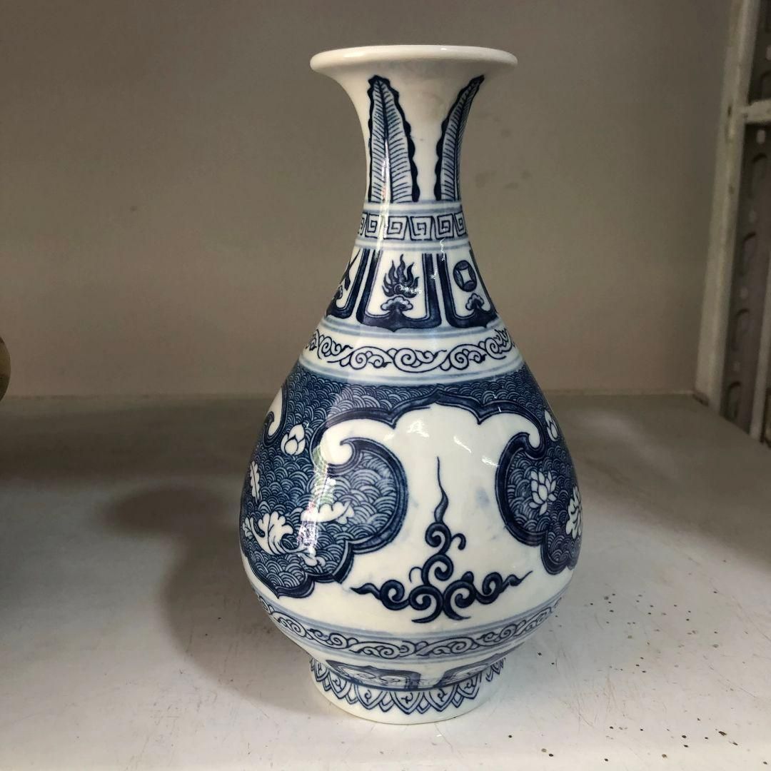 元 青花蓮模様 玉壺春瓶 景徳鎮 陶磁器 装飾品 現代工芸品 美術品 置物