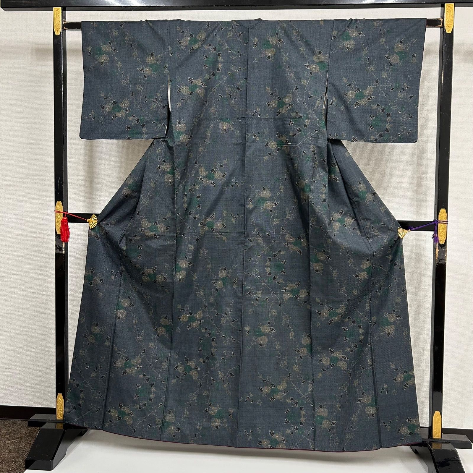 本場大島紬 泥藍染 一元式 花唐草 素敵な絣柄 正絹 着物 MK-1142