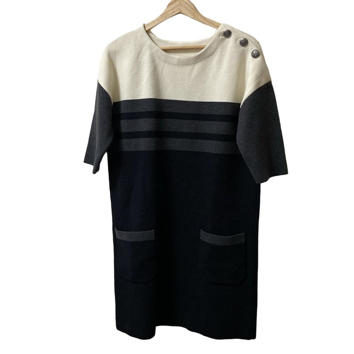 グレースコンチネンタル ワンピース サイズ36 S レディース - 黒×アイボリー×グレー クルーネック 七分袖 ひざ丈 ニット