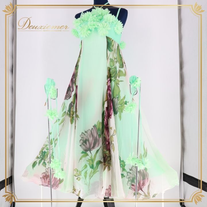 社交ダンス 衣装 タカダンス TAKADANCE ワンピース ドレス 緑 花柄 花 パーティ 発表会 ミント かわいい グリーン系 フラワーデザイン 軽やか フェミニン おしゃれ ダンスドレス 華やか パーティーシーン シンプルエレガント