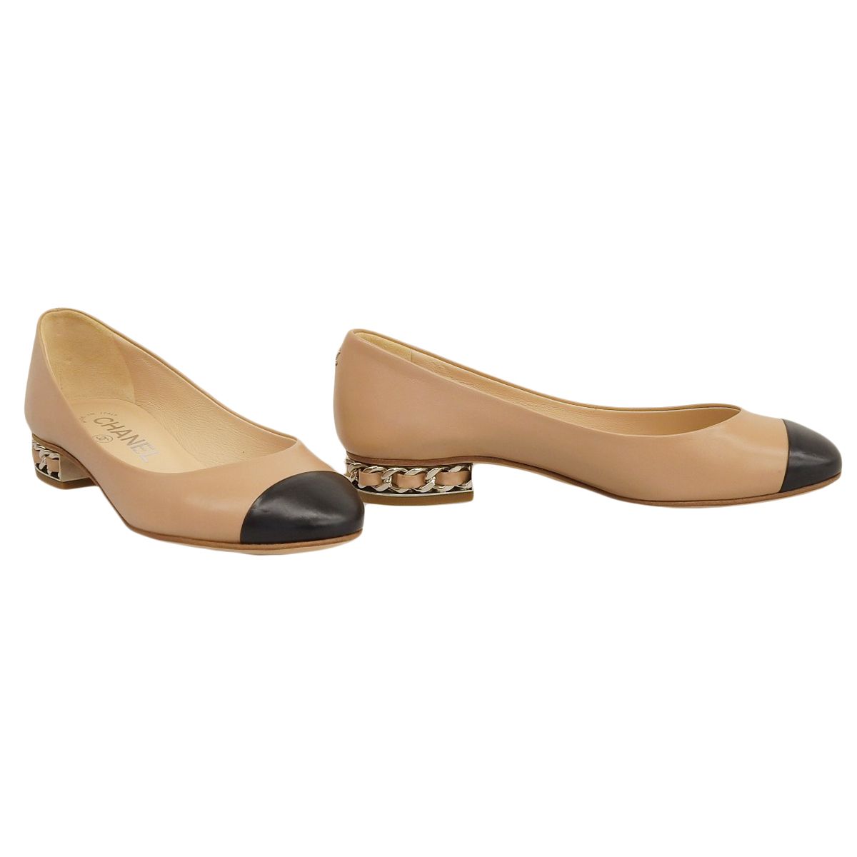 シャネル CHANEL ココマーク フラットシューズ バレエシューズ レザー ベージュ×ブラック 35 22 cm レディース 20 C